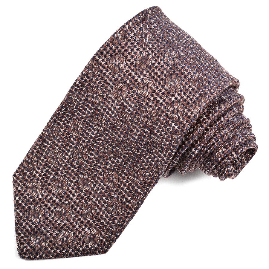 Silk Linen Blend Tie in Brown/Navy